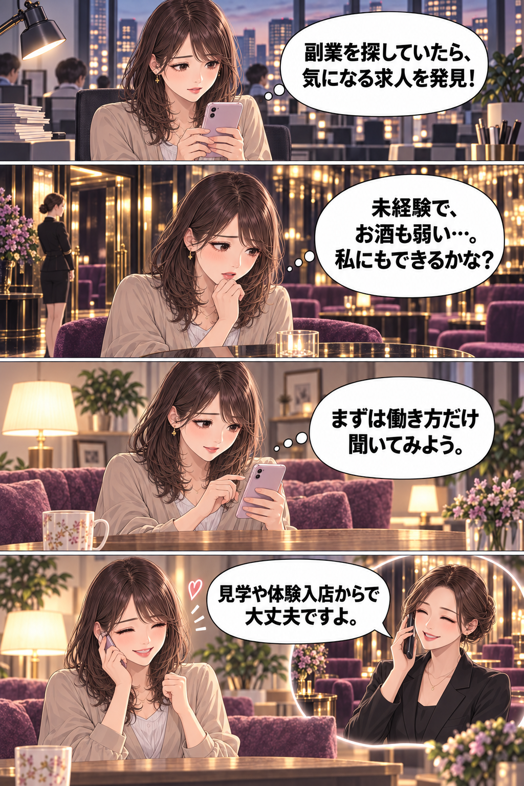 第1話。美咲『副業を探していたら、気になる求人を発見！』『未経験で、お酒も弱い…。私にもできるかな？』『まずは働き方だけ聞いてみよう。』スタッフ『見学や体験入店からで大丈夫ですよ。』