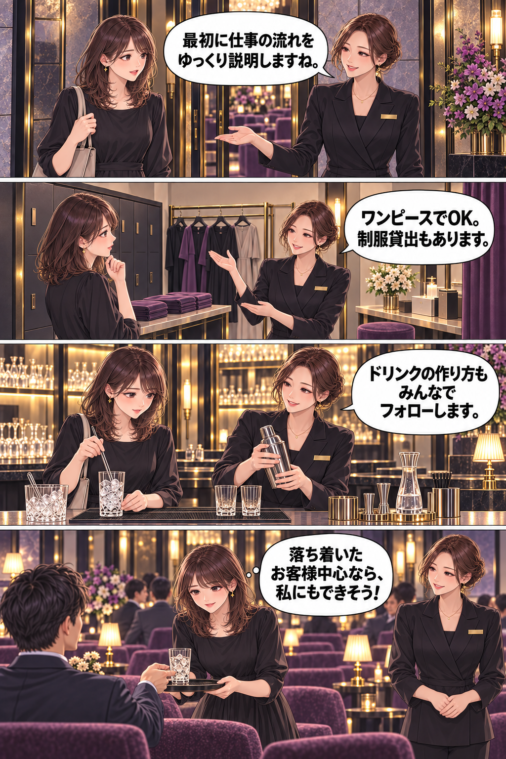 第2話。スタッフ『最初に仕事の流れをゆっくり説明しますね。』『ワンピースでOK。制服貸出もあります。』『ドリンクの作り方もみんなでフォローします。』美咲『落ち着いたお客様中心なら、私にもできそう！』