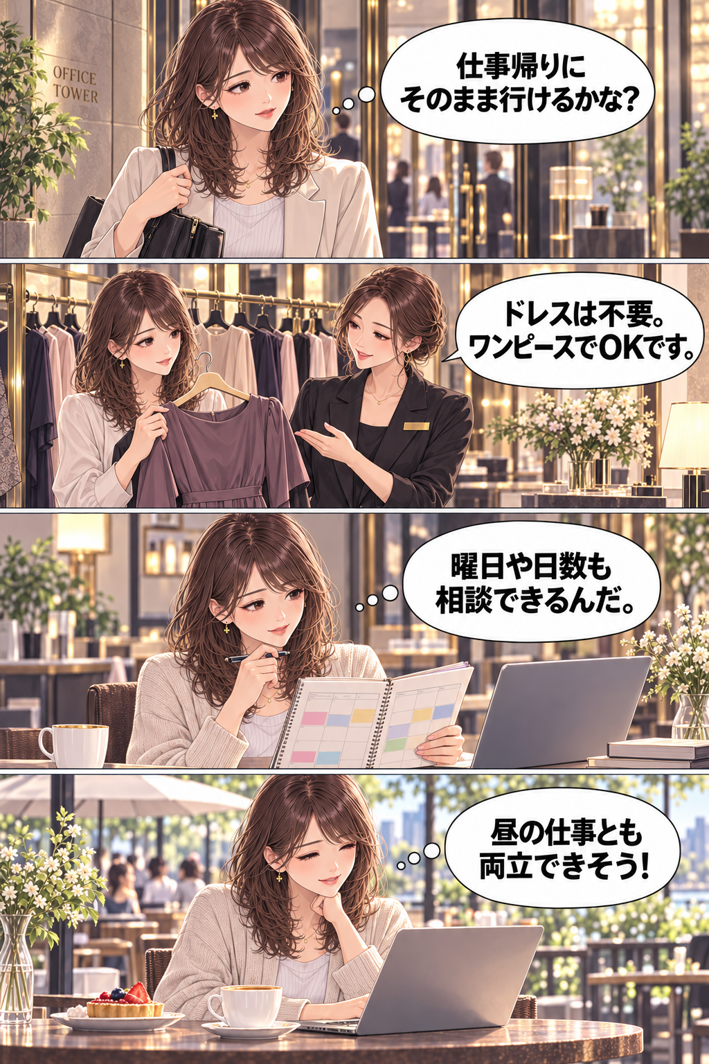 第3話。美咲『仕事帰りにそのまま行けるかな？』スタッフ『ドレスは不要。ワンピースでOKです。』美咲『曜日や日数も相談できるんだ。』『昼の仕事とも両立できそう！』
