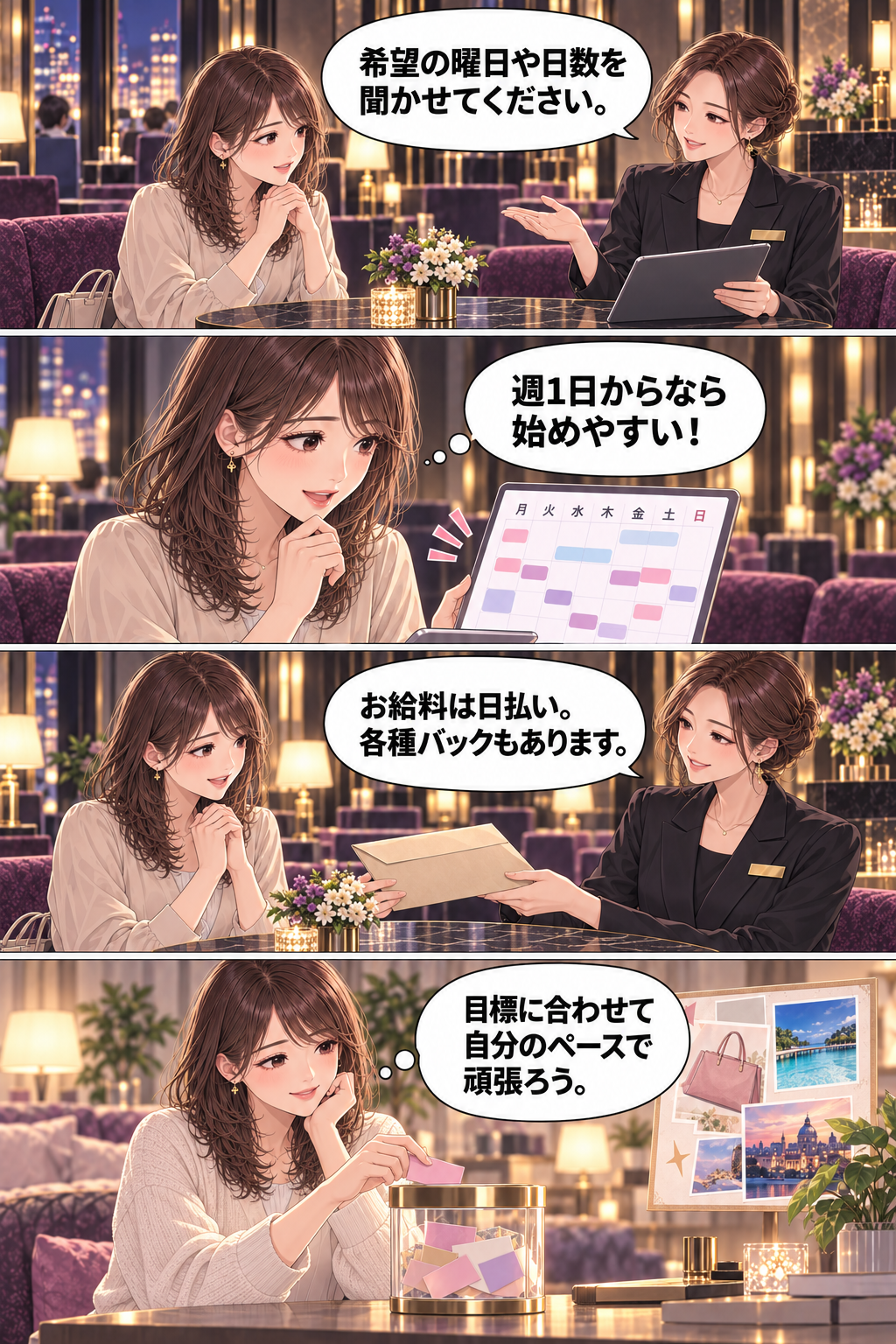 第4話。スタッフ『希望の曜日や日数を聞かせてください。』美咲『週1日からなら始めやすい！』スタッフ『お給料は日払い。各種バックもあります。』美咲『目標に合わせて自分のペースで頑張ろう。』