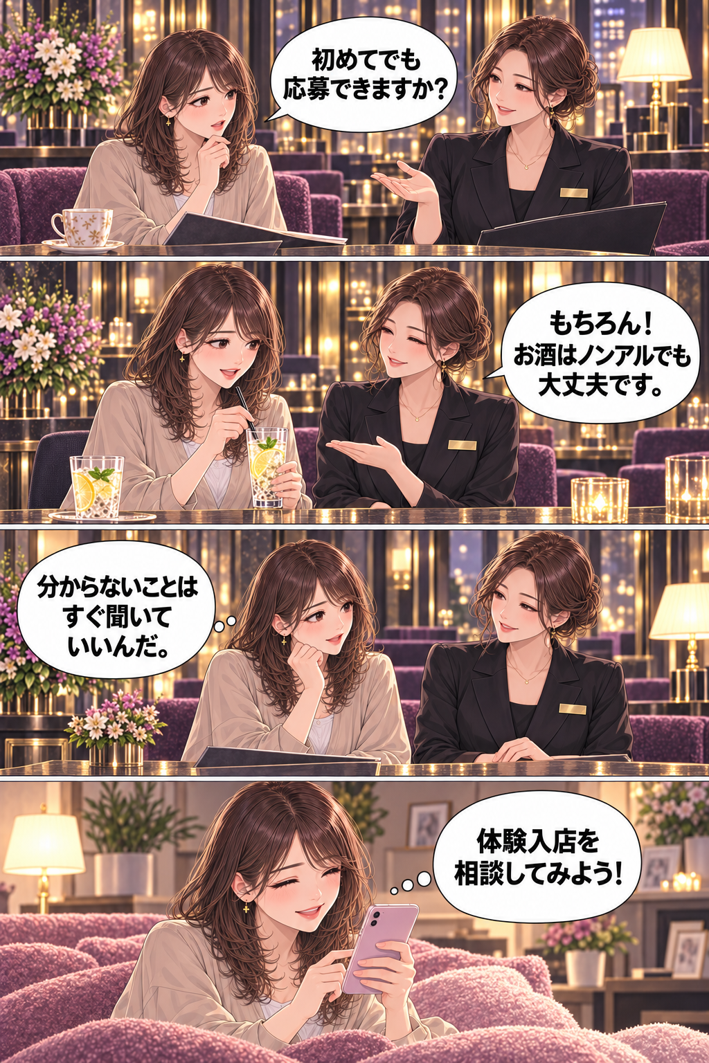 第5話。美咲『初めてでも応募できますか？』スタッフ『もちろん！お酒はノンアルでも大丈夫です。』美咲『分からないことはすぐ聞いていいんだ。』『体験入店を相談してみよう！』
