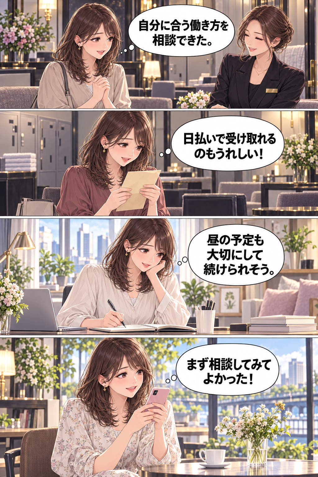 最終話。美咲『自分に合う働き方を相談できた。』『日払いで受け取れるのもうれしい！』『昼の予定も大切にして続けられそう。』『まず相談してみてよかった！』